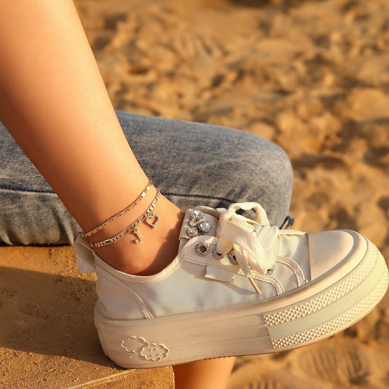 Wremily Initial Ankle Bracelets for Women Waterproof 14K Gold Plated Dainty Layered Figaro Chain Letter Initial CZ Heart Ankle Bracelets Set Summer Beach Jewelry for Women - Image 2